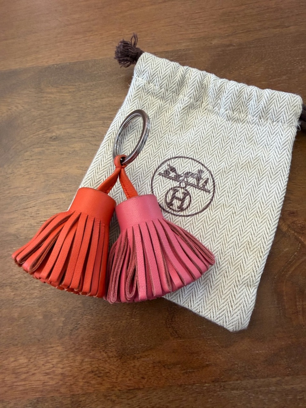 Hermes Carmen Uno-dos key ring in Coral and Pink, Palladium hardware